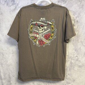 Vintage Lucky 13 T Shirt Mens Large Y2K Brown Short Sleeve Graphic Print